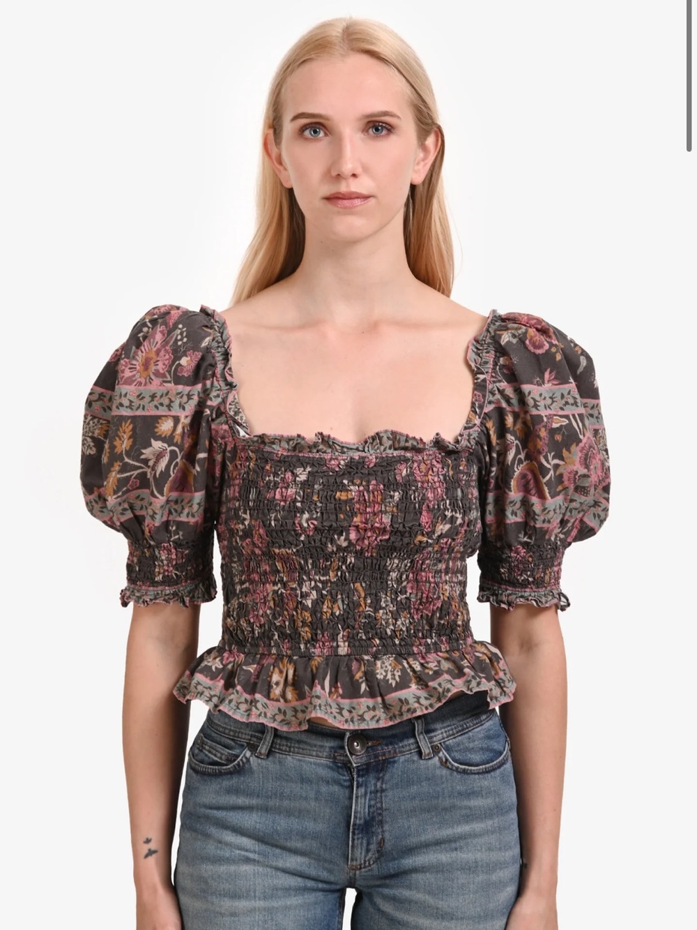 Sea New York Floral Smocked Puff Sleeve Crop Top - Black & Pink